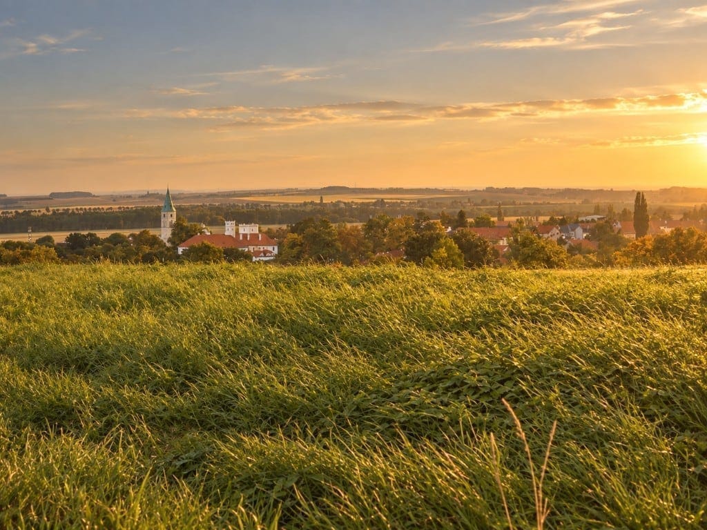 Zásmuky při západu slunce — krajina nad městem s kostelem a zámkem.