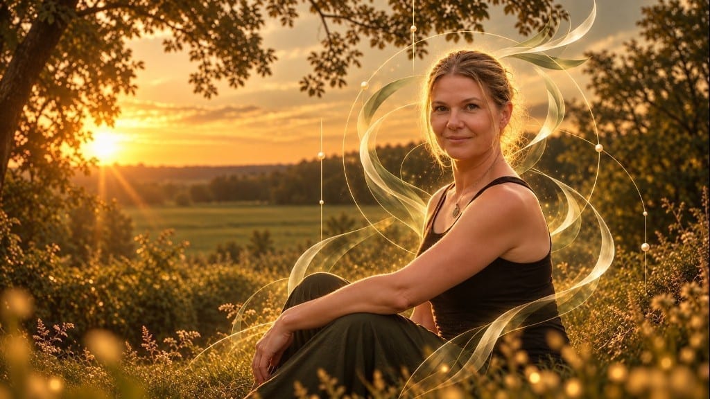 Jana Žáková sedí v trávě při západu slunce, kolem ní jemné světelné pramínky.
